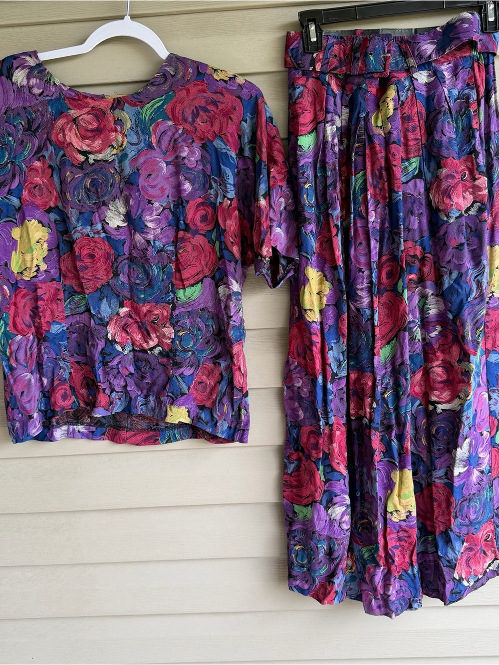 Vintage 90s Rayon Painterly Floral 2 Piece Set Belted Maxi Skirt Top Grandmacore